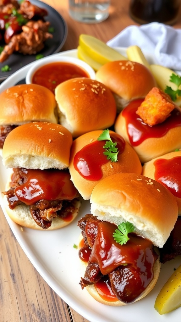 A delicious platter of brisket sliders with BBQ sauce and pickles on a wooden table.